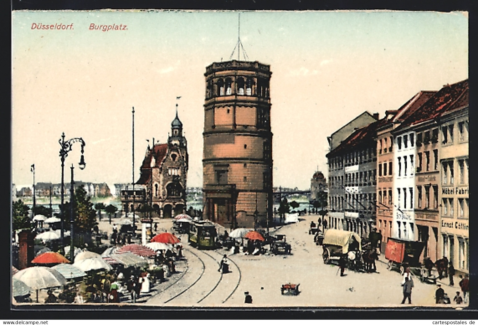 AK Düsseldorf, Burgplatz Mit Geschäften, Turm Und Strassenbahn  - Tram