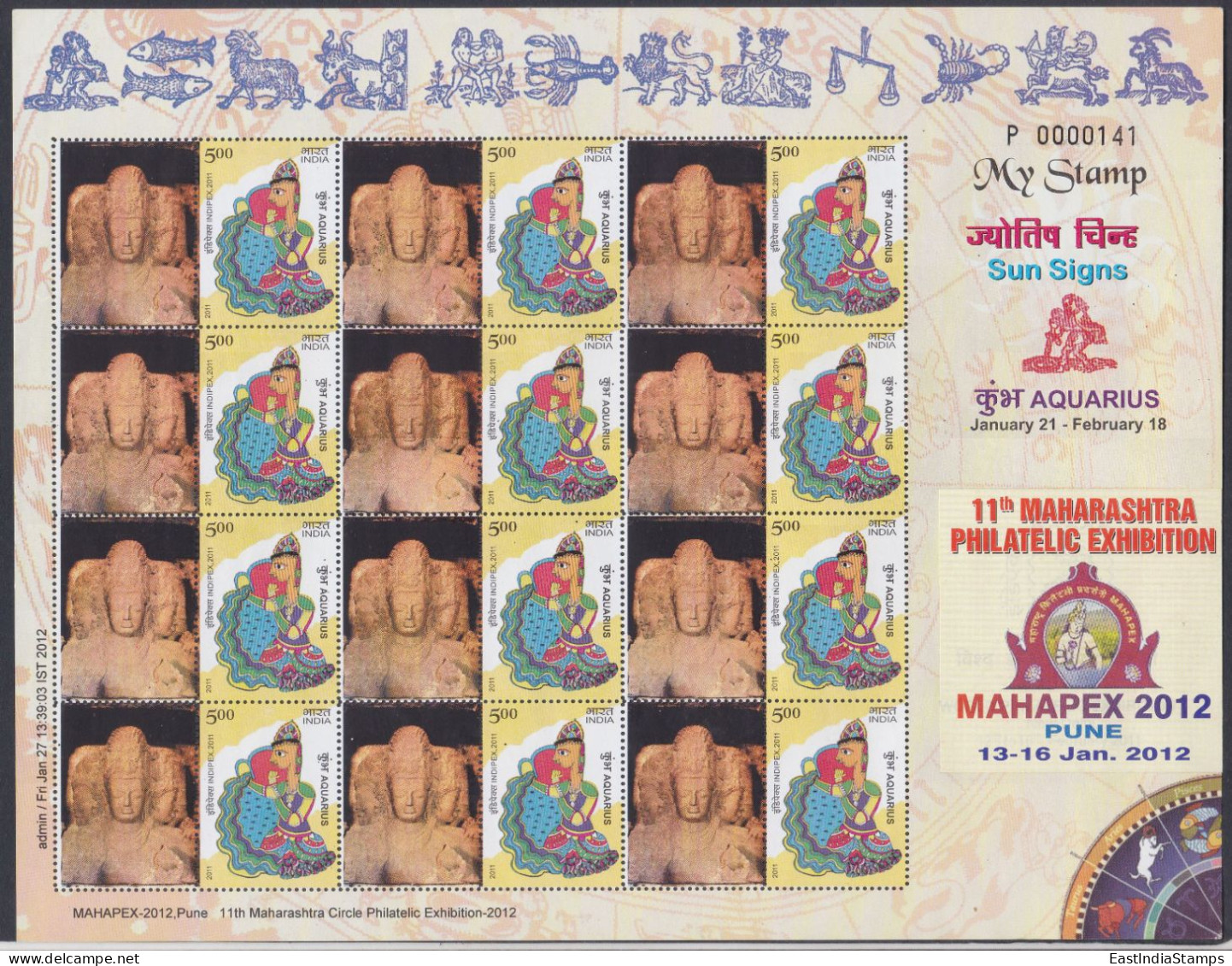 Inde India 2012 MNH MYSTAMP Sheet Sun Signs, Aquarius, Astrology, Astrological Sign, Philatelic Exhibition, Full Sheet - Unused Stamps