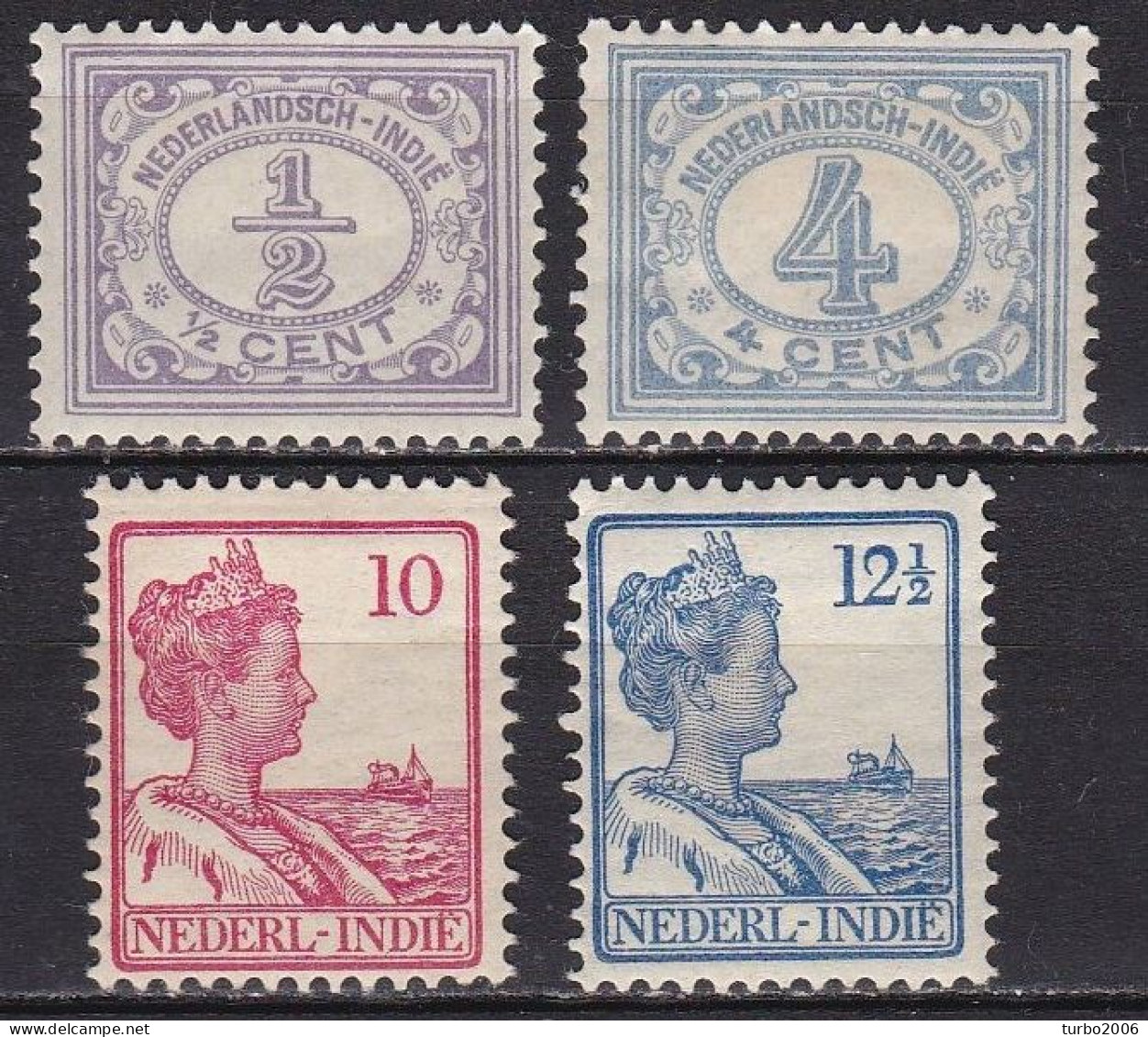 Ned. Indië: 1912-1930 Cijferserie / Koningin : 4 Ongestempelde Waarden: ½ Ct - 4 Ct - 10 Ct - 12½ Ct NVPH 99-107-115-116 - Netherlands Indies
