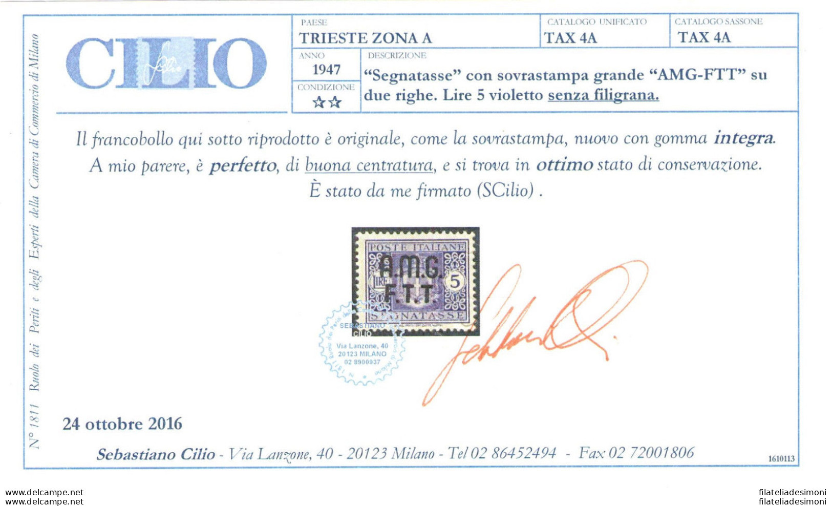 1947 TRIESTE A Segnatasse 5 Lire Violetto Senza Filigrana Centratissimo 4A Cilio - Other & Unclassified