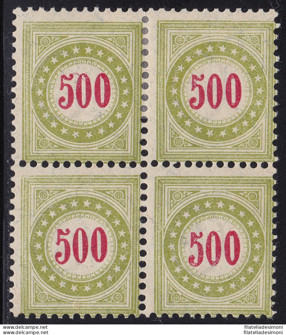 1889-91 Svizzera , Tasse Catalogo Zumstein N. 22D - 500 Verde-oliva QUARTINA - M - Neufs