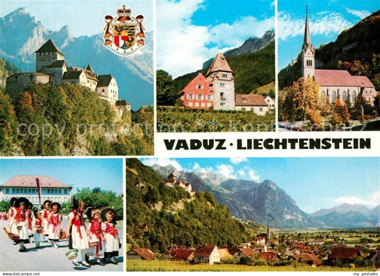 73591368 Vaduz Schloss Vaduz Rotes Haus Pfarrkirche Landestracht Panorama Vaduz - Liechtenstein