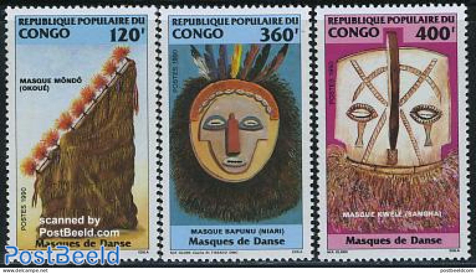 Congo Republic 1990 Dancing Masks 3v, Mint NH, Performance Art - Various - Dance & Ballet - Folklore - Dans