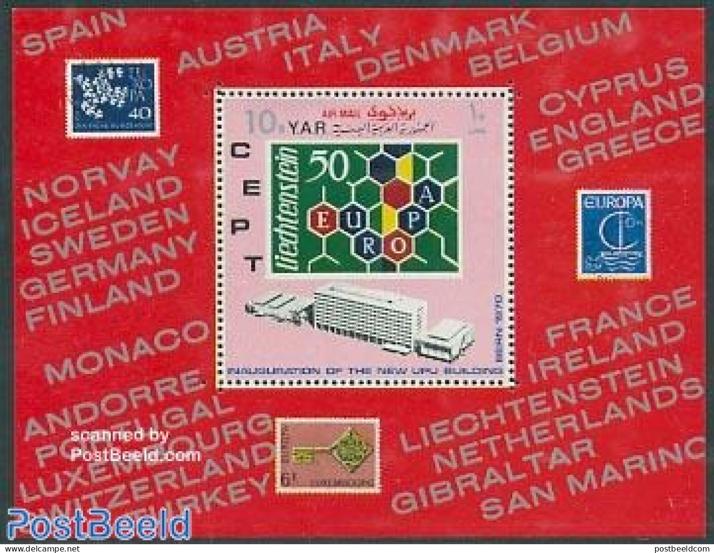 Yemen, Arab Republic 1970 New UPU Building S/s, Mint NH, History - Europa Hang-on Issues - Stamps On Stamps - U.P.U. - Europese Gedachte