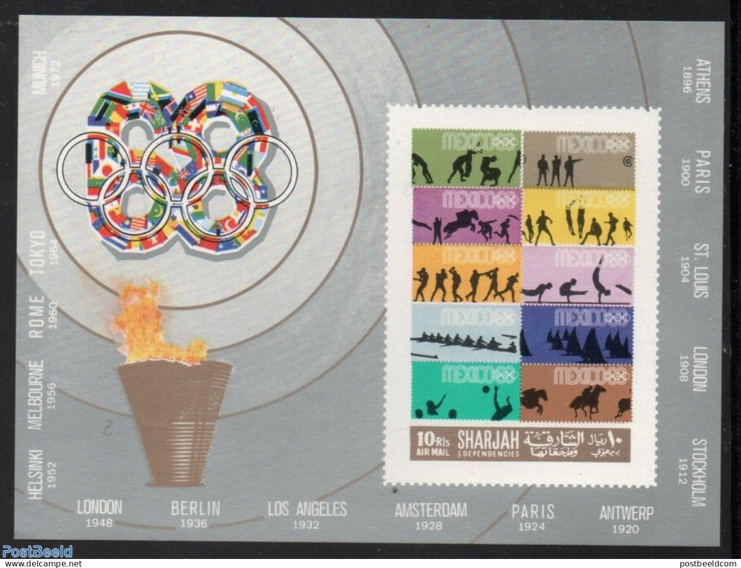Sharjah 1968 Olympic Winners S/s Imperforated, Mint NH, History - Sport - Flags - Olympic Games - Sport (other And Mix.. - Briefmarken Auf Briefmarken