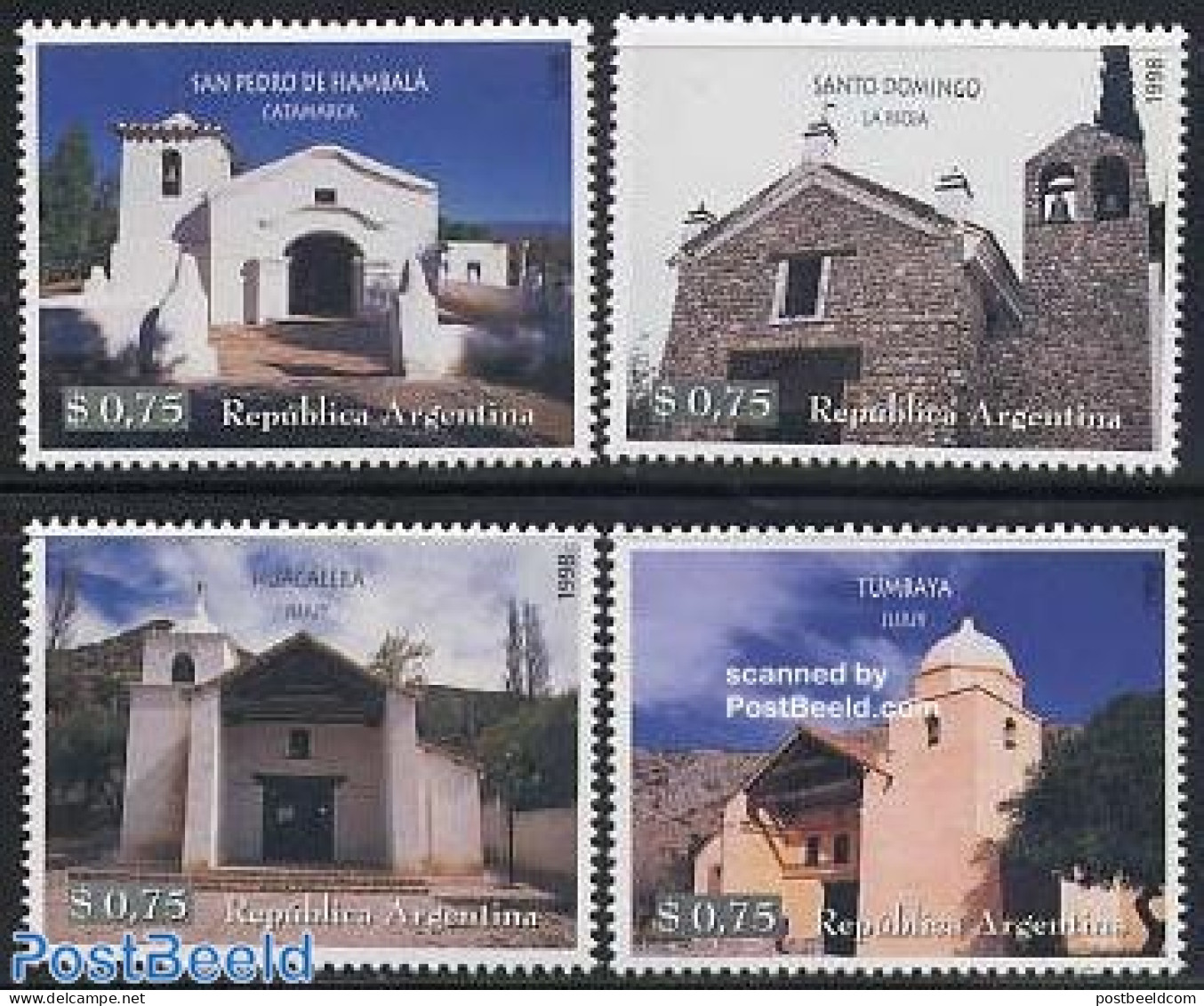 Argentina 1998 Historic Chapels 4v, Mint NH, Religion - Churches, Temples, Mosques, Synagogues - Nuevos