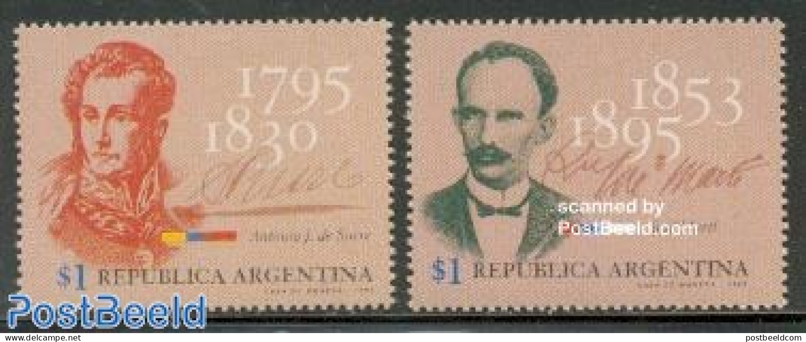Argentina 1995 De Sucre/Marti 2v, Mint NH, History - Newspapers & Journalism - Art - Handwriting And Autographs - Unused Stamps
