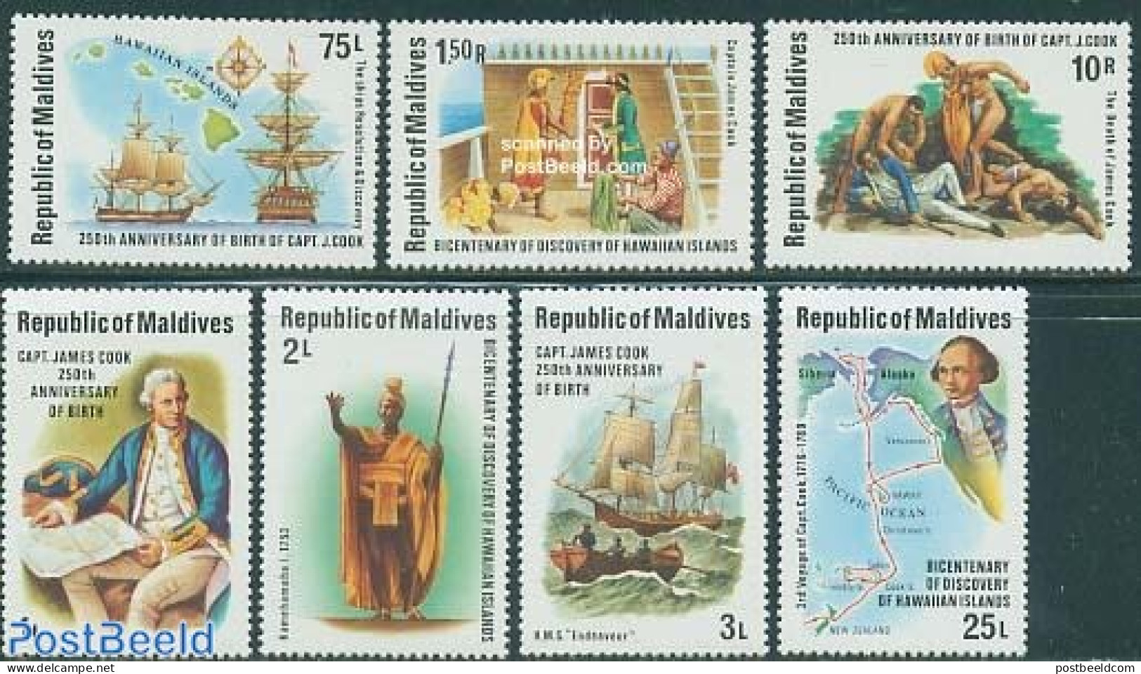 Maldives 1978 James Cook 7v, Mint NH, History - Transport - Various - Explorers - Ships And Boats - Maps - Erforscher