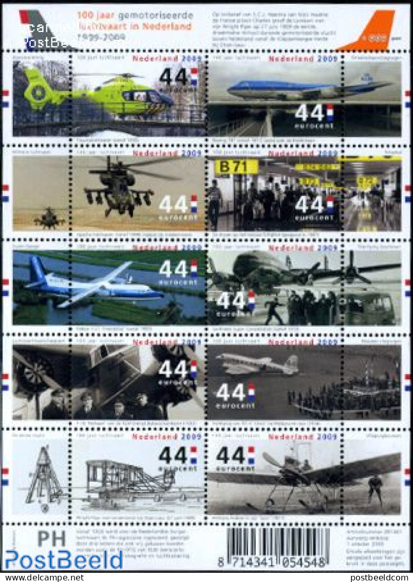 Netherlands 2009 100 Years Motorized Aviation 10v M/s, Mint NH, Transport - Various - Automobiles - Fokker Airplanes -.. - Nuevos