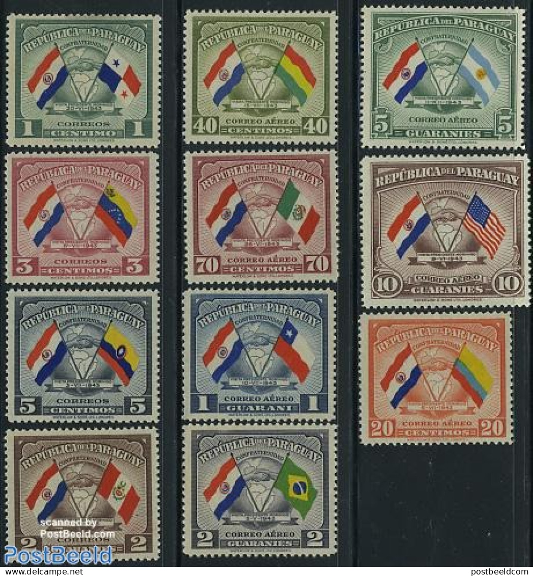 Paraguay 1945 Presidential Visits 11v, Mint NH, History - Various - Flags - Maps - Géographie