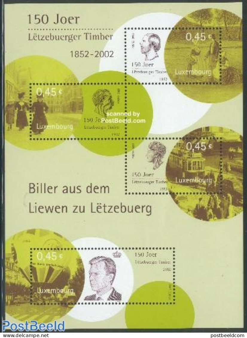 Luxemburg 2002 150 Years Stamps S/s, Mint NH, Transport - Stamps On Stamps - Automobiles - Balloons - Railways - Trams.. - Unused Stamps