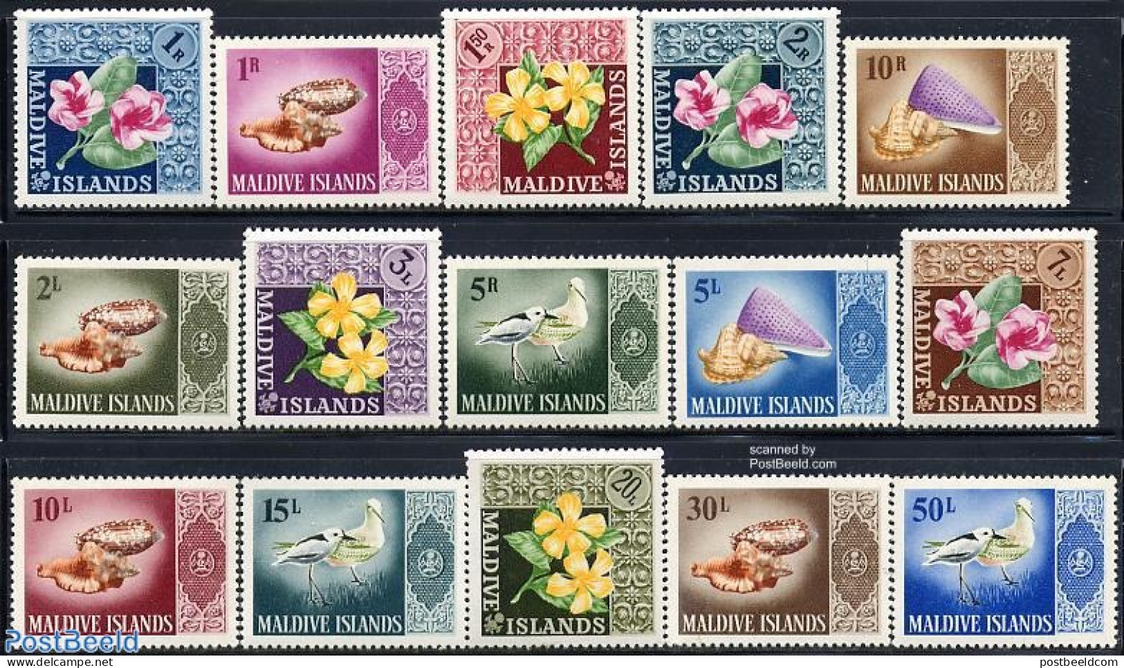 Maldives 1966 Definitives 15v, Unused (hinged), Nature - Birds - Flowers & Plants - Shells & Crustaceans - Marine Life
