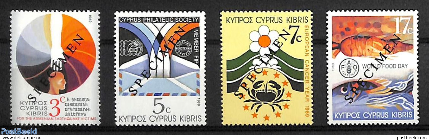 Cyprus 1989 Mixed Issue 4v SPECIMEN, Mint NH, Health - History - Nature - Food & Drink - Europa Hang-on Issues - Fish .. - Nuovi