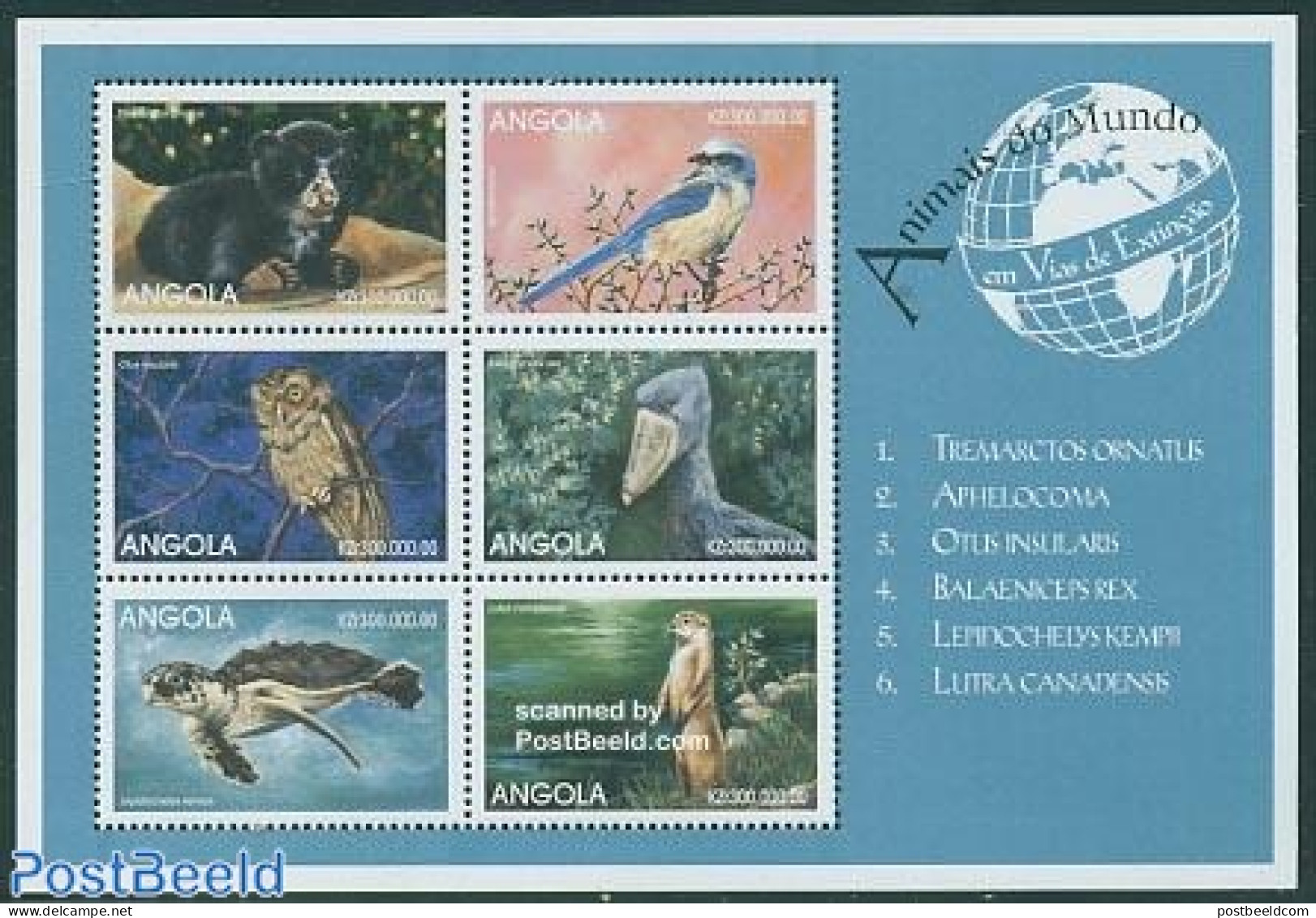Angola 1999 Animals 6v M/s, Bear, Mint NH, Nature - Animals (others & Mixed) - Bears - Birds - Owls - Turtles - Angola