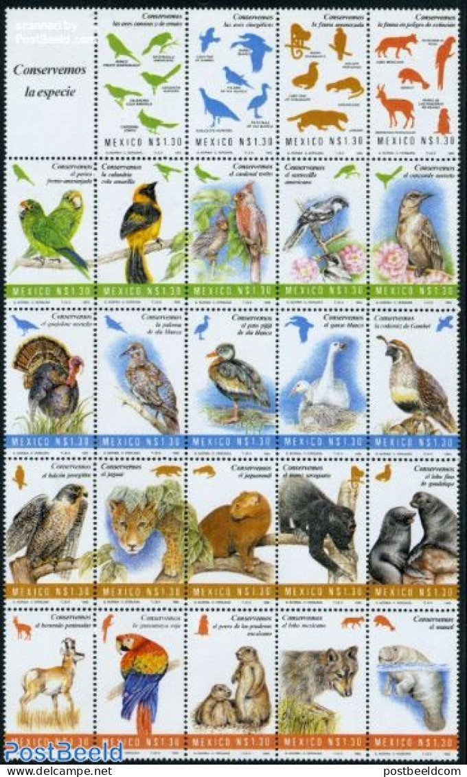 Mexico 1994 Animals 24v M/s, Mint NH, Nature - Animals (others & Mixed) - Birds - Birds Of Prey - Cat Family - Parrots.. - Messico