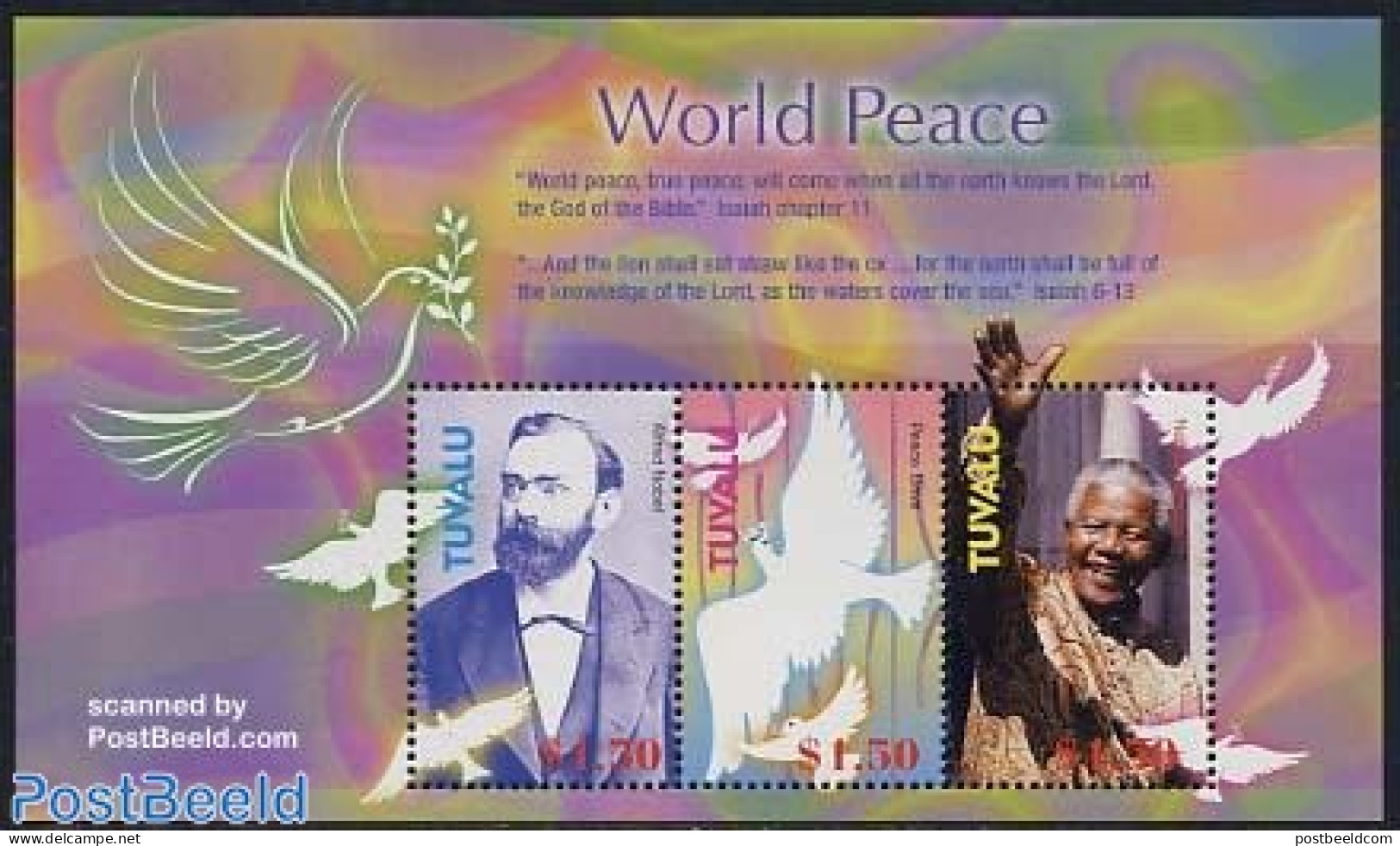 Tuvalu 2004 World Peace 3v M/s, Mint NH, History - Nature - Nobel Prize Winners - Birds - Prix Nobel