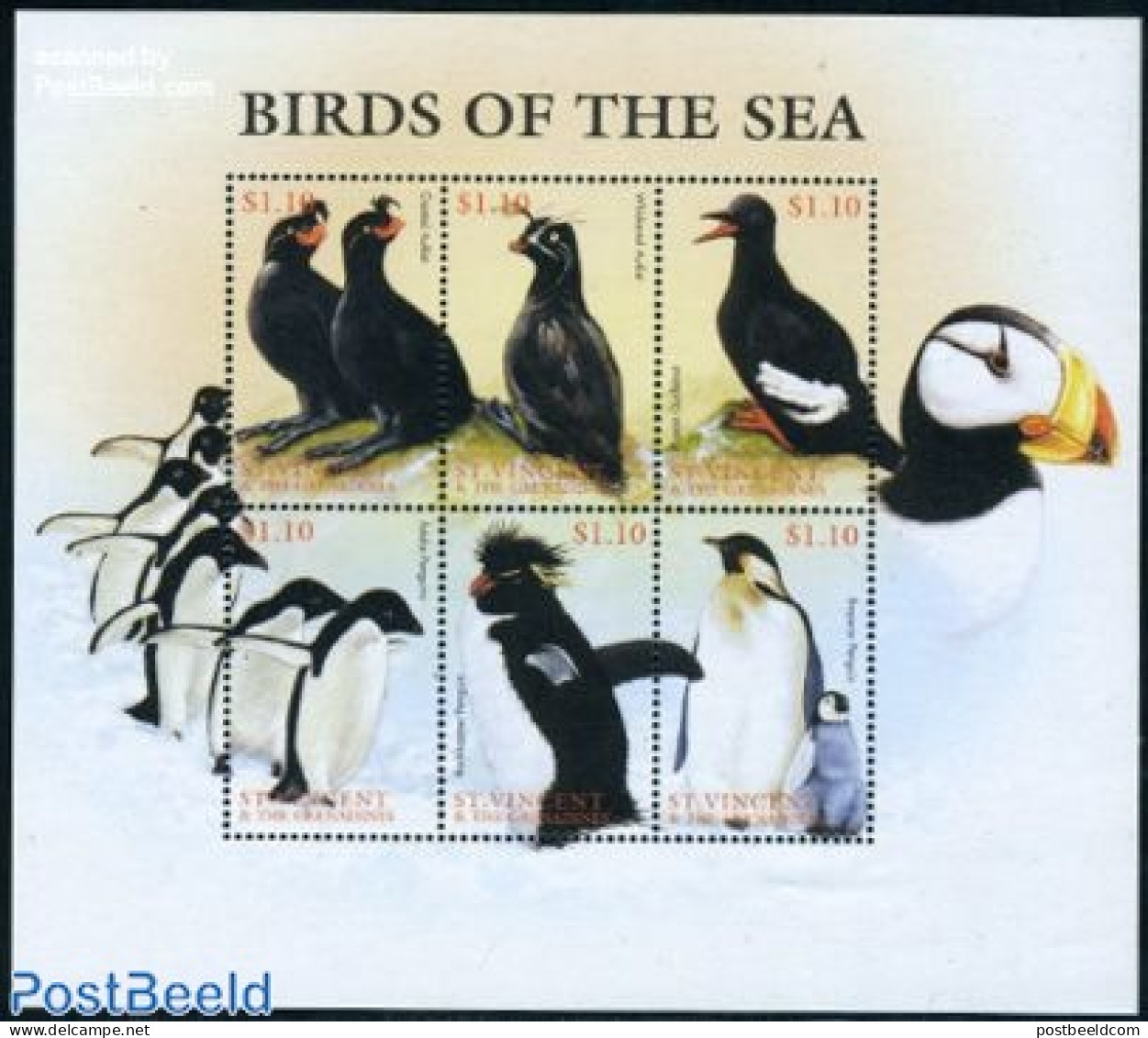 Saint Vincent 1997 Waterbirds 6v M/s, Mint NH, Nature - Birds - Penguins - St.Vincent (1979-...)