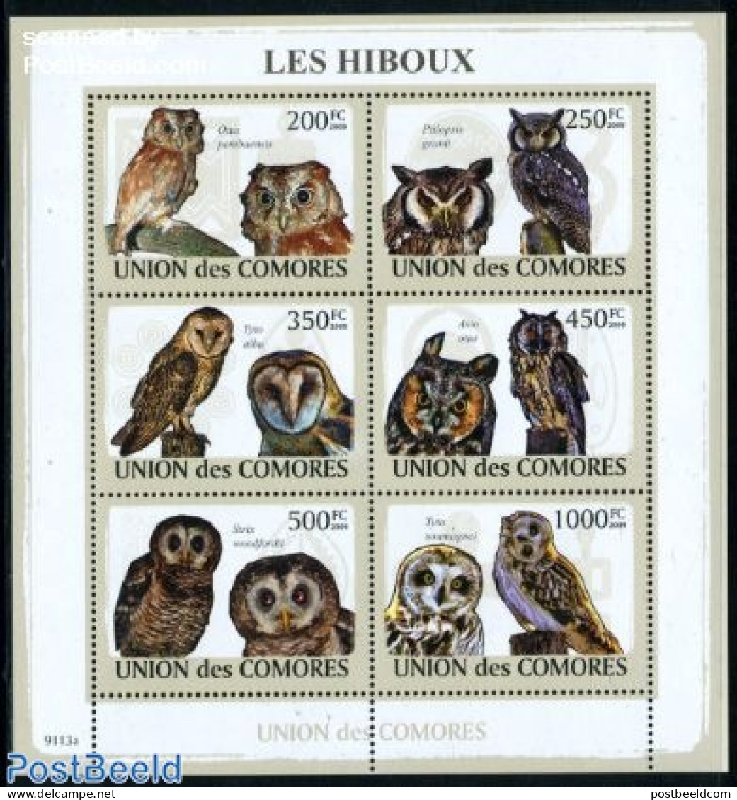 Comoros 2009 Owls 6v M/s, Mint NH, Nature - Birds - Birds Of Prey - Owls - Isole Comore (1975-...)
