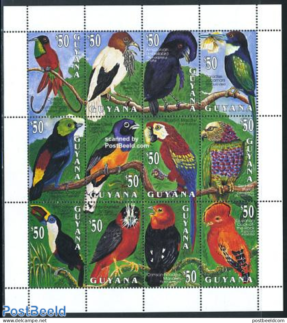 Guyana 1993 Domestic Birds 12v M/s, Mint NH, Nature - Birds - Parrots - Guyana (1966-...)