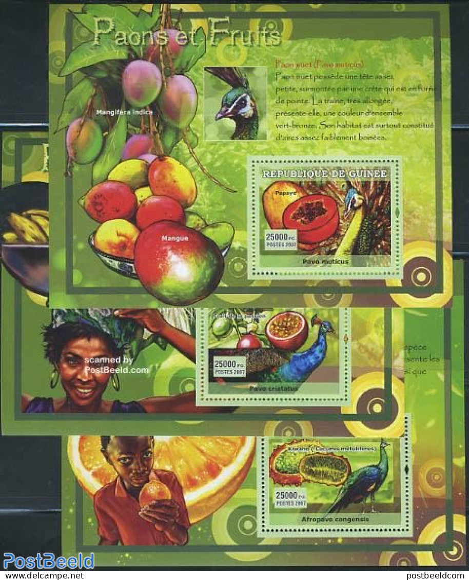 Guinea, Republic 2007 Peacock & Fruits 3 S/s, Mint NH, Nature - Birds - Fruit - Obst & Früchte