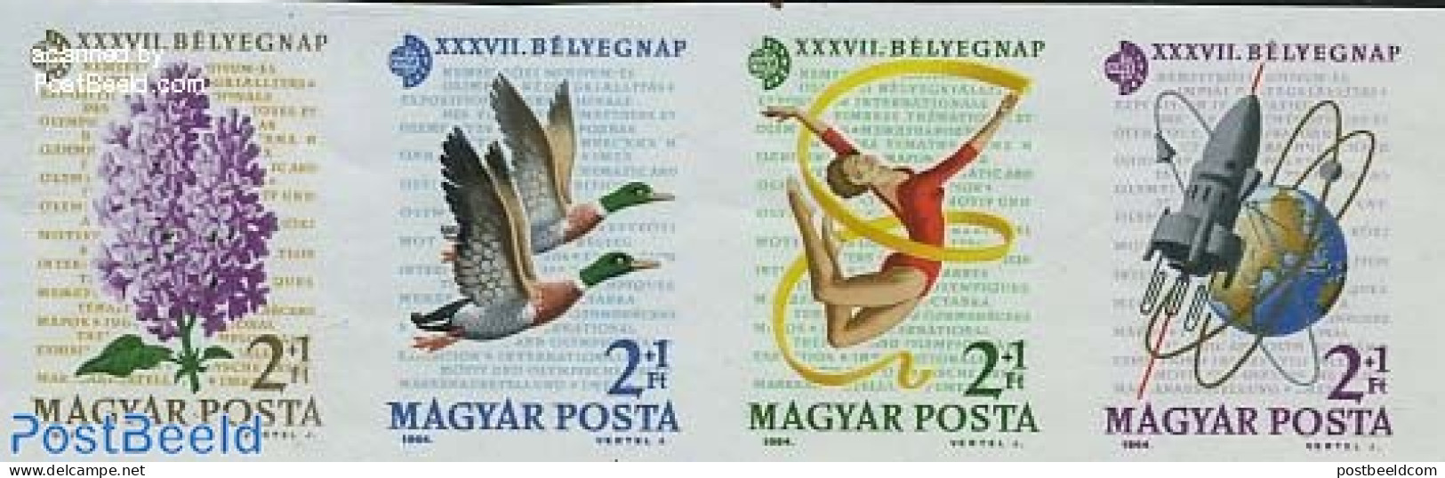 Hungary 1964 Stamp Day 4v [:::] Imperforated, Mint NH, Nature - Sport - Transport - Birds - Ducks - Flowers & Plants -.. - Ongebruikt