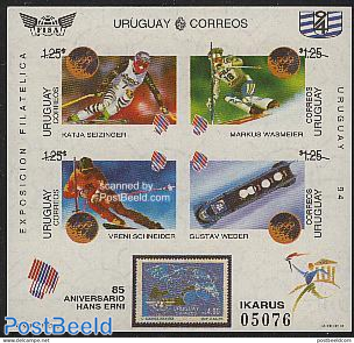 Uruguay 1994 Olympic Winter Winners S/s Imperf.(no Postal Value, Mint NH, Sport - Olympic Winter Games - Skiing - Skiing