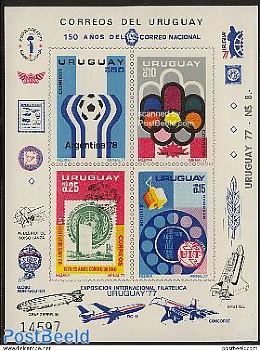 Uruguay 1976 Mixed Issue Imperforated S/s, Mint NH, Science - Sport - Telephones - Football - Olympic Games - Stamps O.. - Télécom