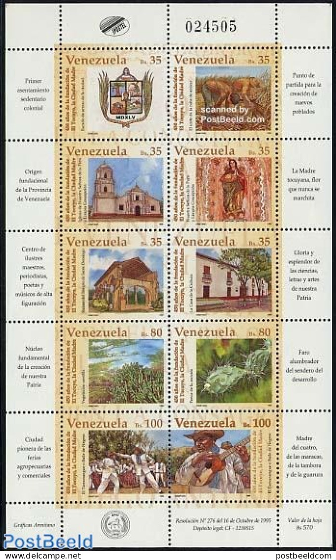 Venezuela 1995 El Tocuyo 10v M/s, Mint NH, History - Nature - Performance Art - Religion - Coat Of Arms - Cacti - Musi.. - Cactussen