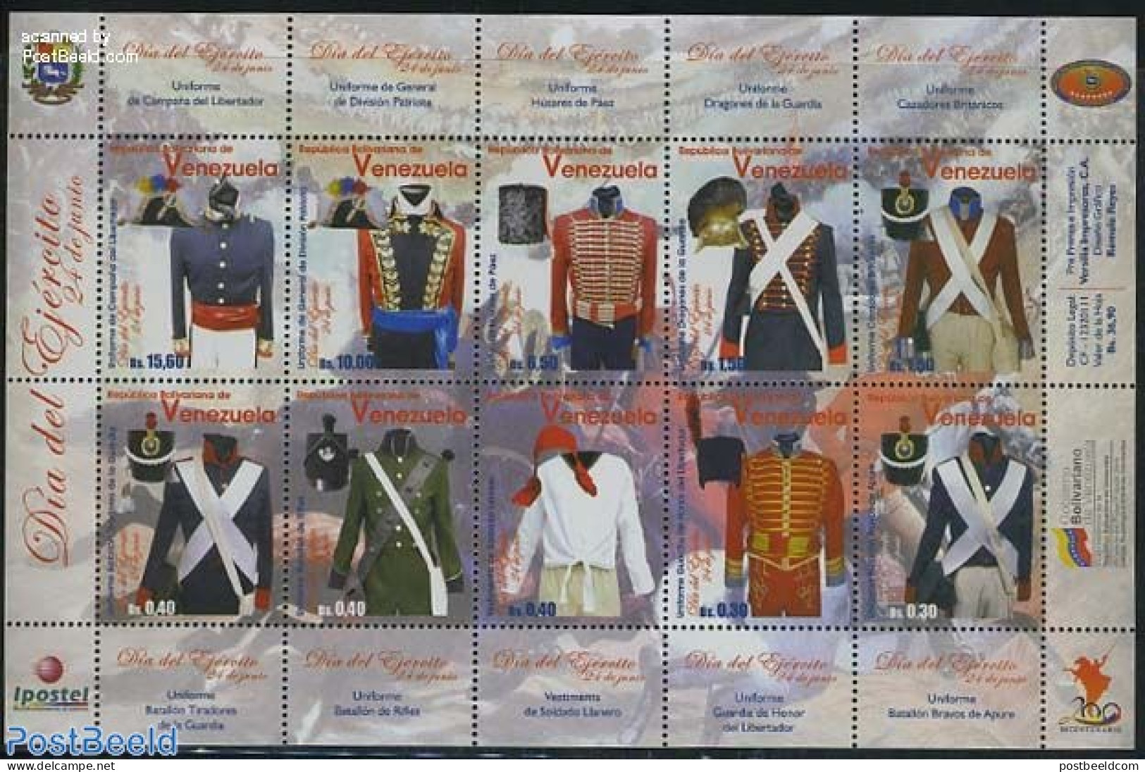 Venezuela 2011 Army Day, Costumes 10v M/s, Mint NH, Various - Uniforms - Costumes