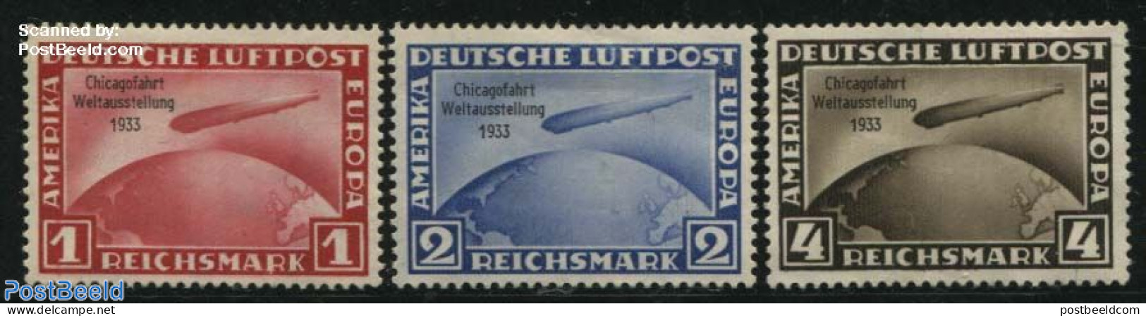 Germany, Empire 1933 Chicagofahrt Weltausstellung 3v, Mint NH, Transport - Zeppelins - Nuevos