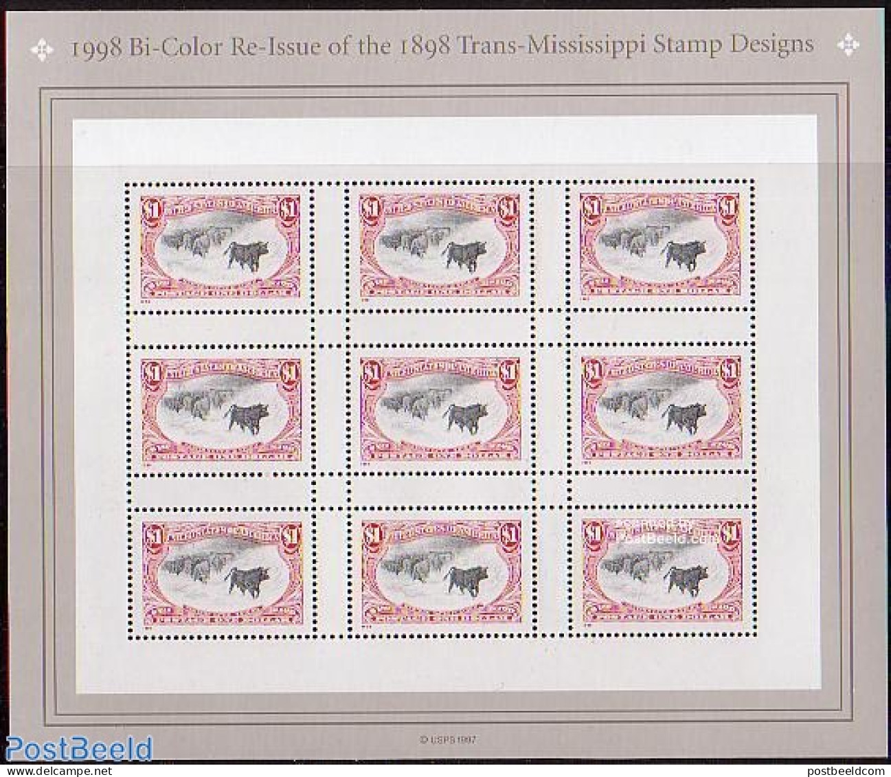 United States Of America 1998 Trans-Missisippi M/s, Mint NH, Nature - Cattle - Stamps On Stamps - Nuevos