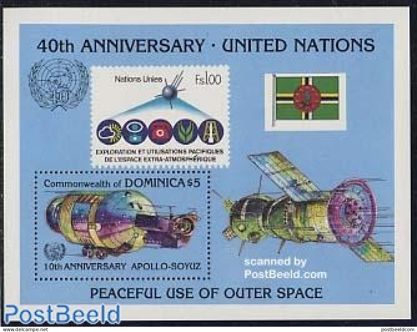 Dominica 1985 Apollo-Soyuz S/s, Mint NH, History - Transport - United Nations - Stamps On Stamps - Space Exploration - Briefmarken Auf Briefmarken