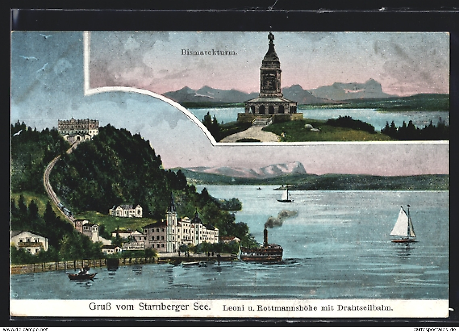 AK Leoni /Starnberger See, Bismarckturm, Uferpartie Und Rottmannshöhe Mit Drahtseilbahn  - Sonstige & Ohne Zuordnung