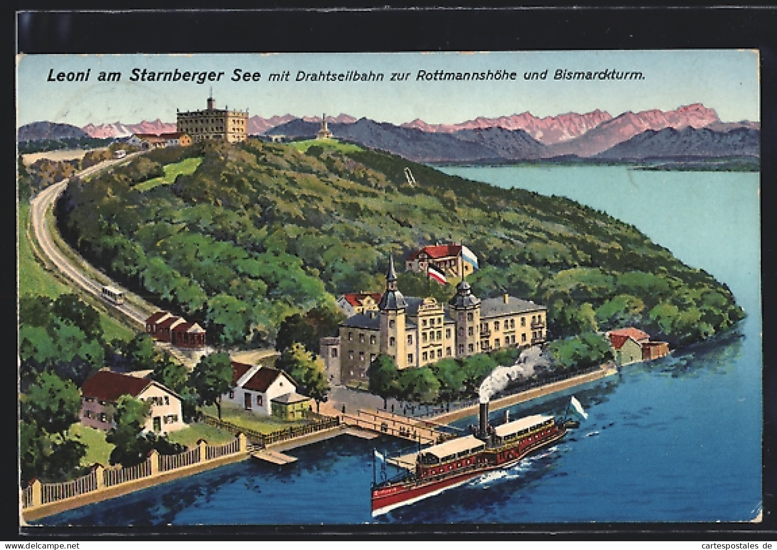 AK Leoni Am Starnberger See, Gesamtansicht Mit Drahtseilbahn Zur Rottmannshöhe Und Bismarckturm  - Starnberg