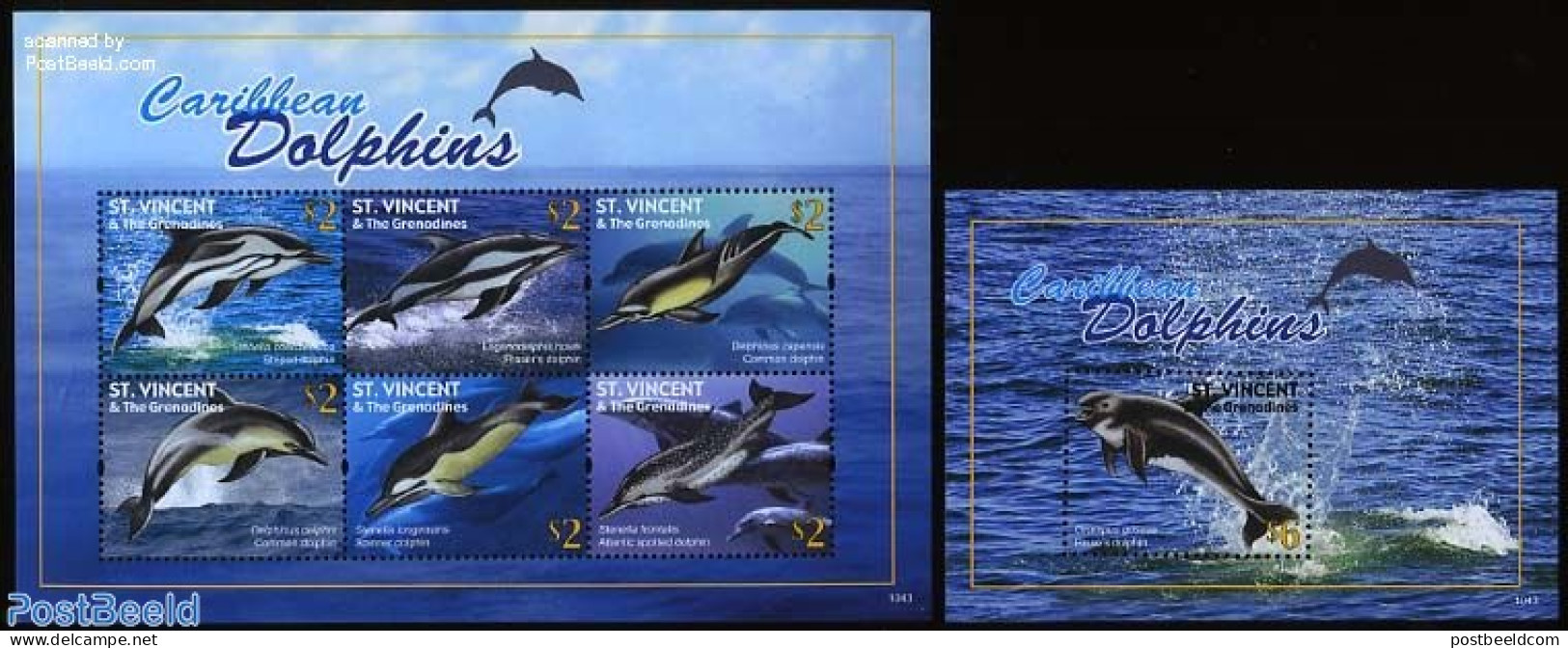 Saint Vincent 2011 Dolphins 2 S/s, Mint NH, Nature - Sea Mammals - St.Vincent (1979-...)