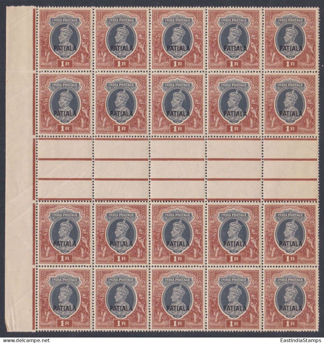 Inde British India Patiala State 1942? MNH King George VI, One Rupee, Gutter Block - Patiala