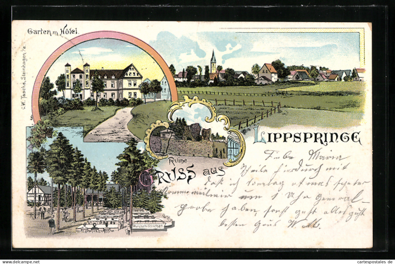 Lithographie Lippspringe, Garten Mit Hotel Waldschlösschen, Ortspartie  - Bad Lippspringe