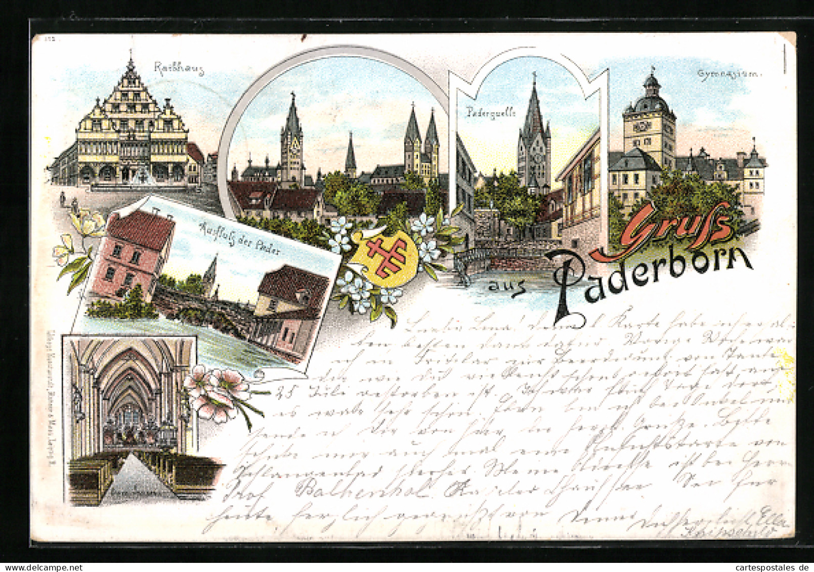 Lithographie Paderborn, Rathaus, Dominneres, Ausfluss Der Pader  - Paderborn