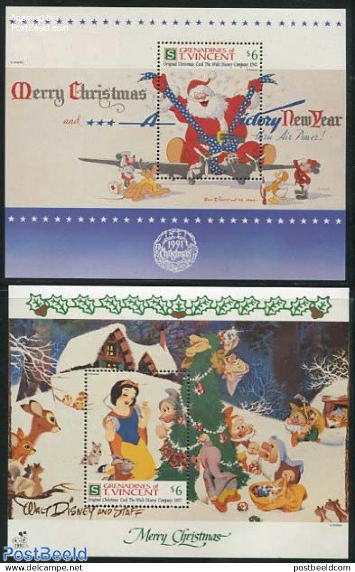 Saint Vincent & The Grenadines 1991 Christmas, Disney 2 S/s, Mint NH, Religion - Christmas - Art - Disney - Kerstmis