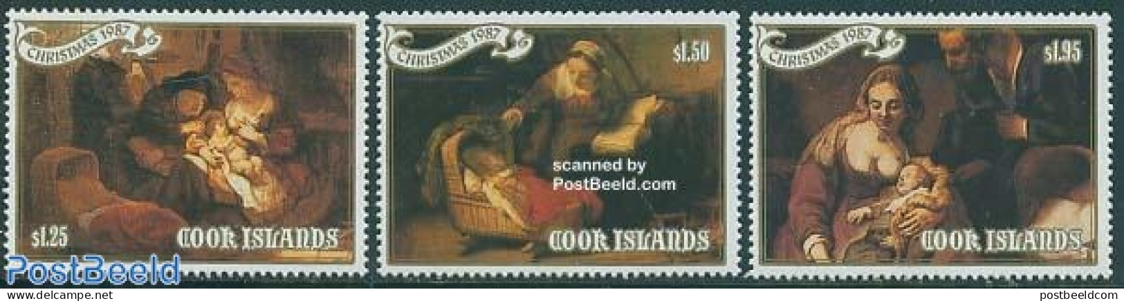 Cook Islands 1987 Christmas, Rembrandt 3v, Mint NH, Religion - Christmas - Art - Paintings - Rembrandt - Natale