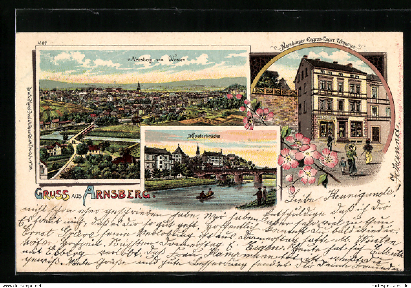 Lithographie Arnsberg / Westf., Hamburger Engros-Lager Lohmeyer, Klosterbrücke, Ansicht Von Westen  - Lage