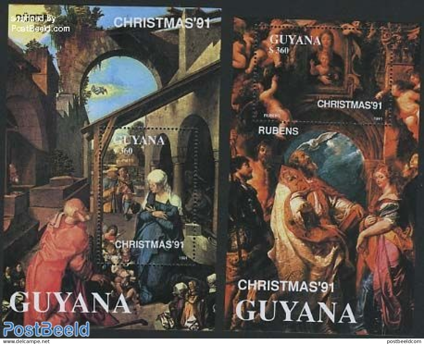 Guyana 1991 Christmas, Paintings 2 S/s, Mint NH, Religion - Christmas - Art - Dürer, Albrecht - Paintings - Rubens - Natale
