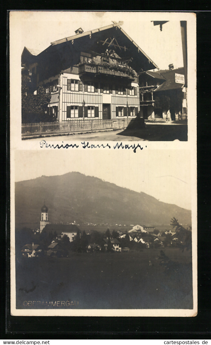 Foto-AK Oberammergau, Hotel-Pension Hans Mayr, Ortspartie Mit Kirche  - Oberammergau