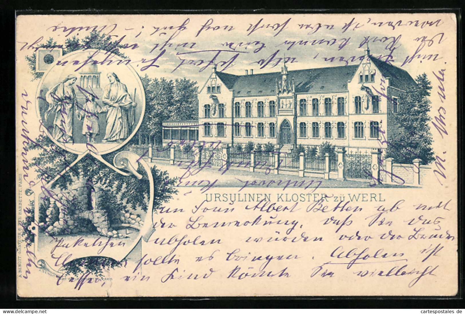Lithographie Werl, Ursulinen-Kloster, Denkmal, Stein  - Werl