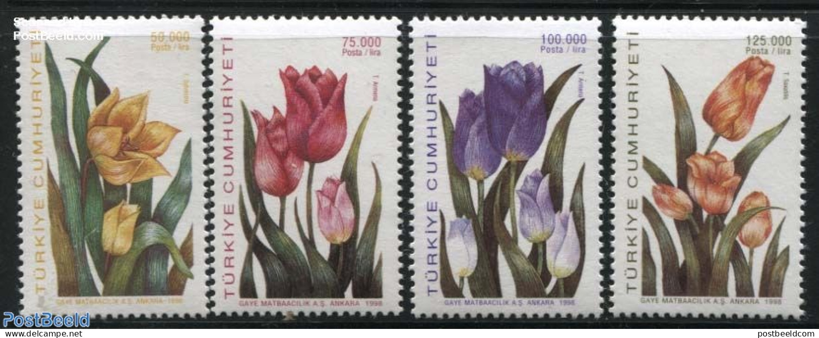 Türkiye 1998 Tulips 4v, Mint NH, Nature - Flowers & Plants - Autres & Non Classés