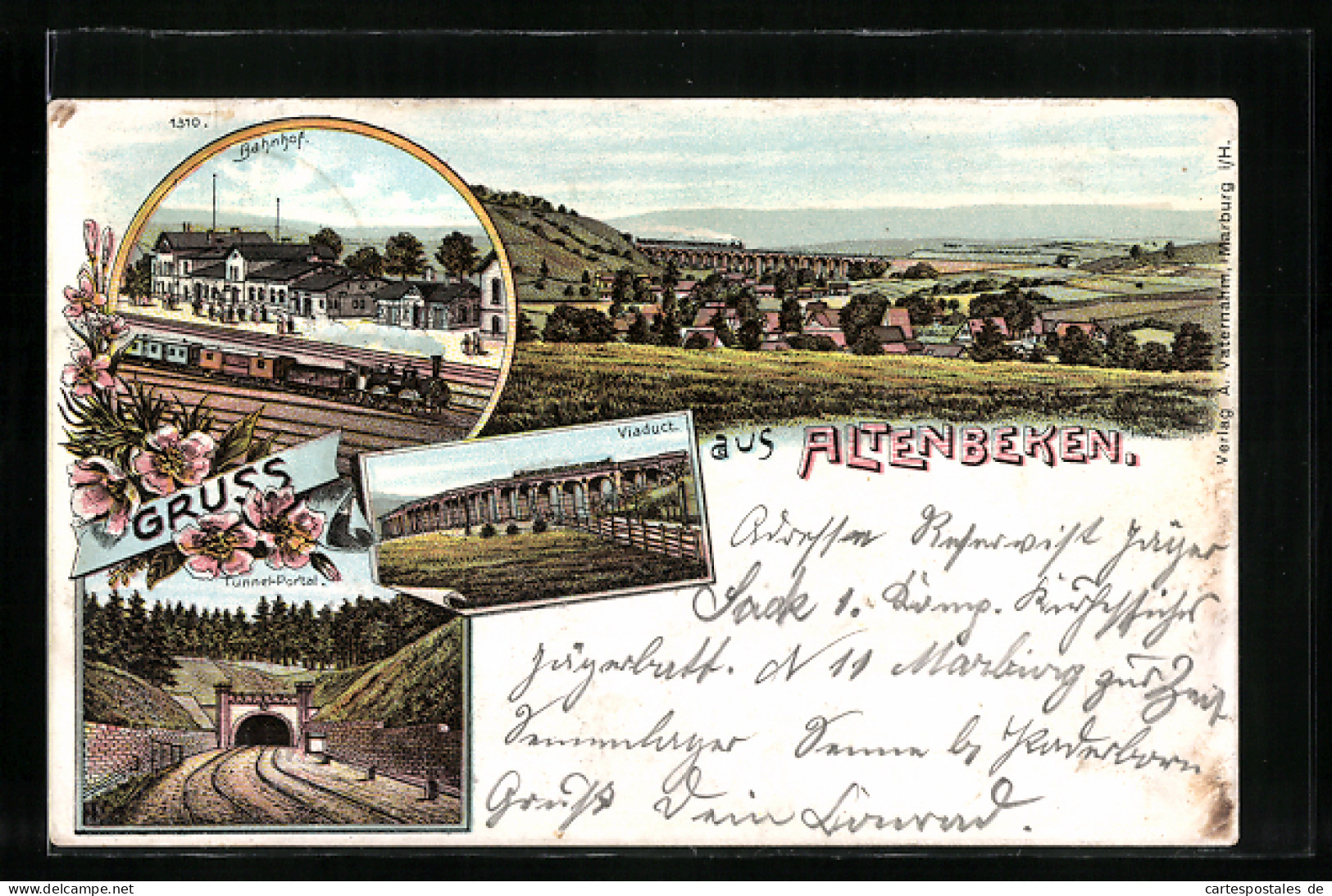 Lithographie Altenbeken, Ortsansicht Mit Viadukt, Bahnhof, Tunnel-Portal  - Altenbeken