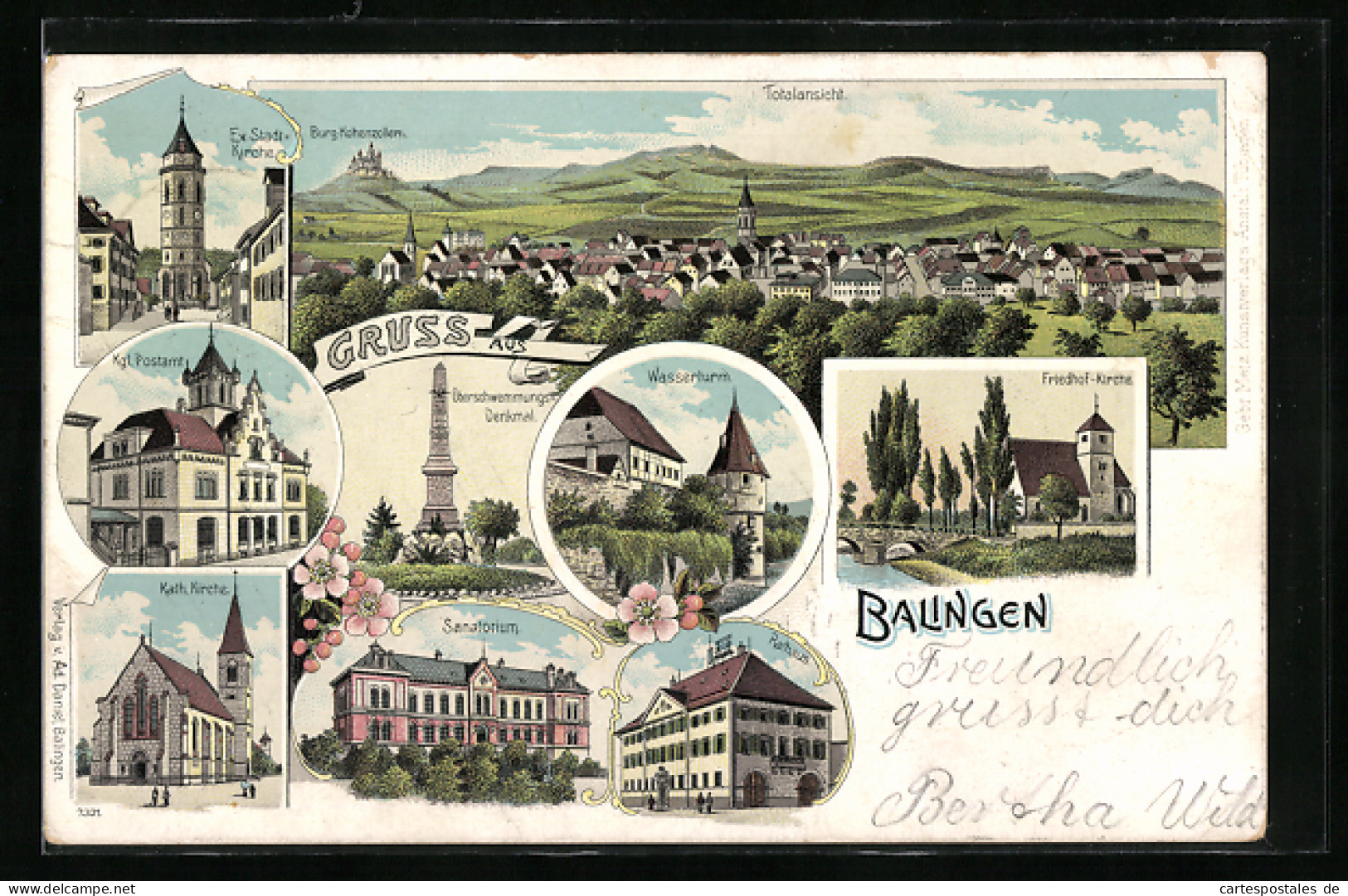 Lithographie Balingen, Sanatorium, Königliches Postamt, Kath. Kirche  - Balingen
