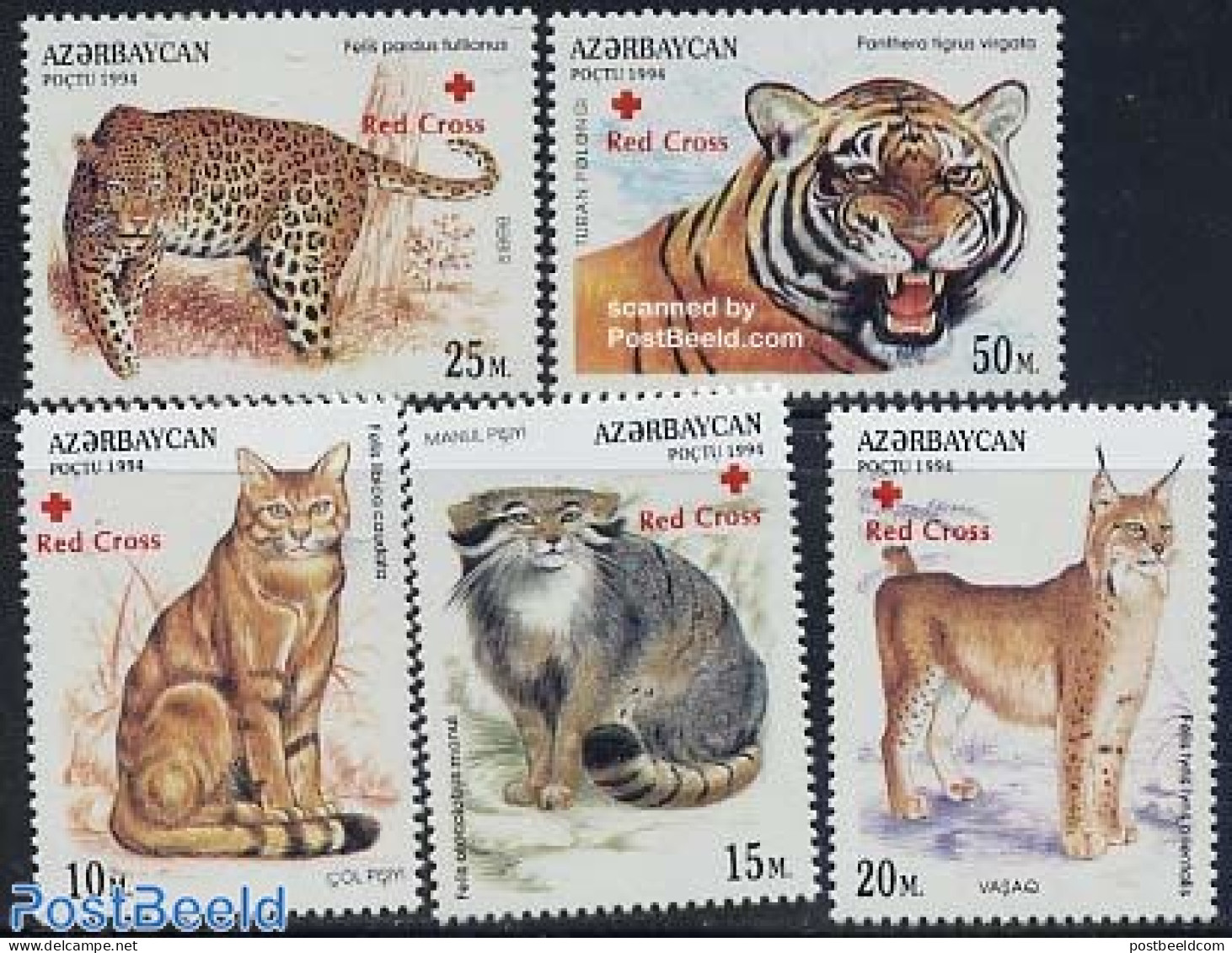 Azerbaijan 1997 Red Cross Overprints 5v, Mint NH, Health - Nature - Red Cross - Cat Family - Cats - Croce Rossa