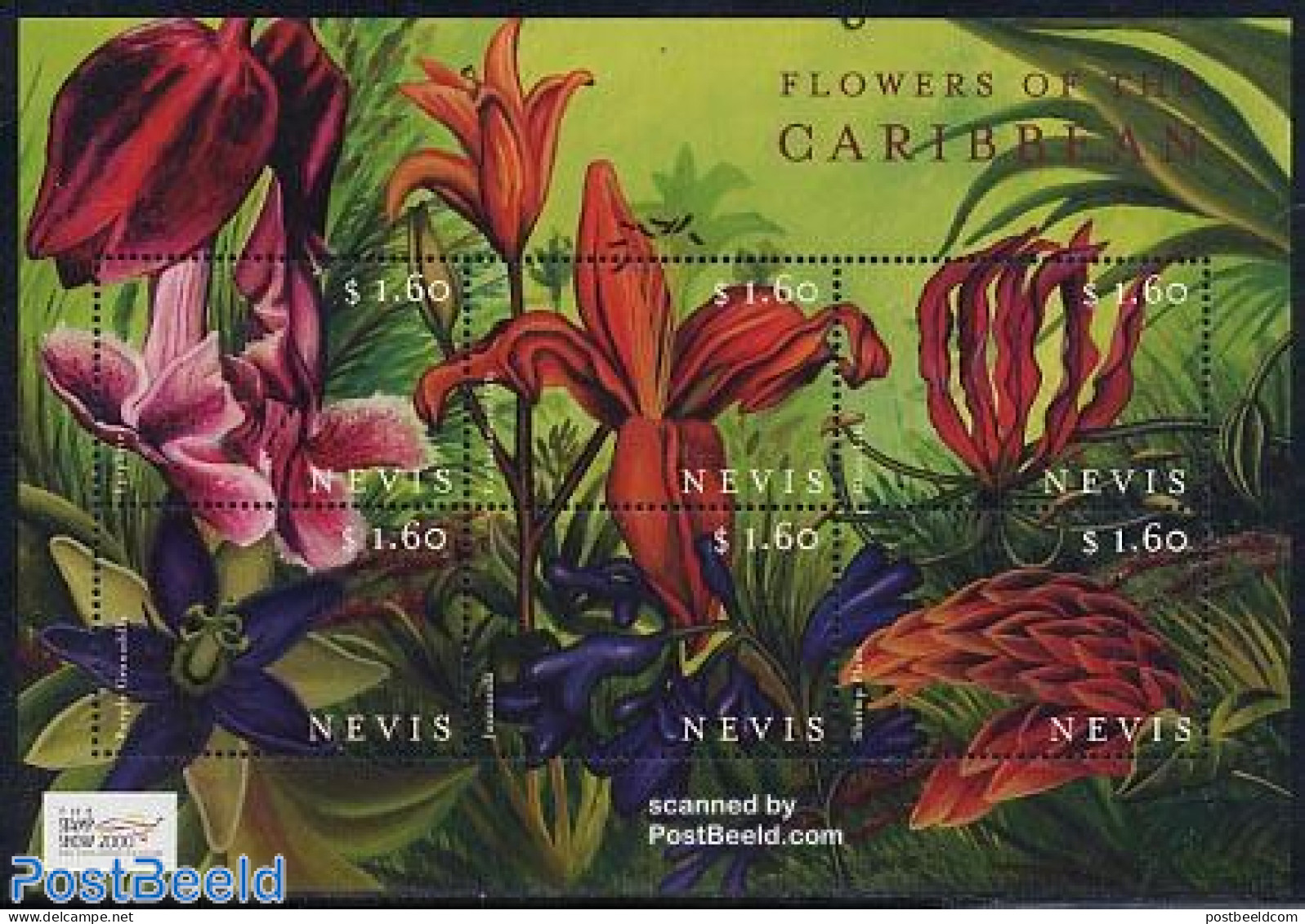 Nevis 2000 Stamp Show, Flowers 6v M/s (6x1.60), Mint NH, Nature - Flowers & Plants - St.Kitts-et-Nevis ( 1983-...)