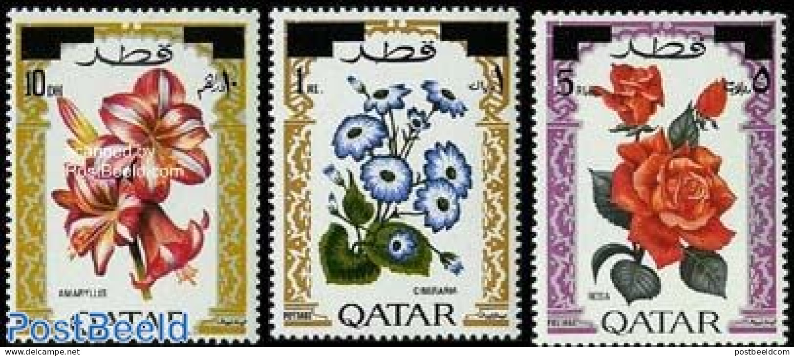 Qatar 1972 Flowers, Overprints 3v, Mint NH, Nature - Flowers & Plants - Roses - Qatar